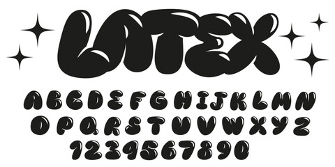 Inflated balloon alphabet letters and numbers, plump font design. Modern hand drawn vector illustration. Trendy English typeset, abc. - obrazy, fototapety, plakaty