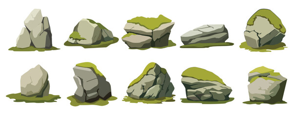 Cartoon stone with moss, jungle rock with moss, forest rock vector illustration set
