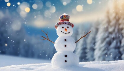 Fototapeta premium A snowman in a hat on a background of Christmas trees on a winter day.
