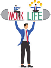 Harmony, work-life balance, healthy lifestyle or good development business model, businessman with two hands on the plate to maintain work-life balance