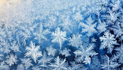 Frozen frosty snowflakes on blue glass.