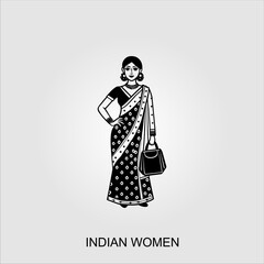 Indian women saree clipart Indian woman wearing bridal outfit. Black and white vector illustration 
