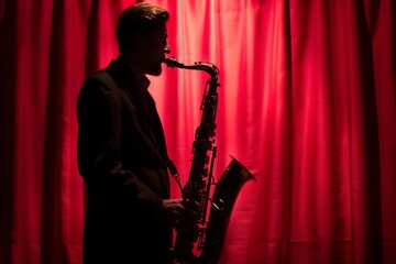 saxophonist silhouette against red curtain - obrazy, fototapety, plakaty