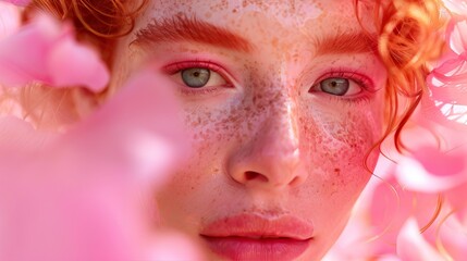 Close-up of a woman's face surrounded by vibrant pink petals. with a focus on freckles and natural beauty. Design for cosmetic branding, natural makeup line, or spring beauty campaign