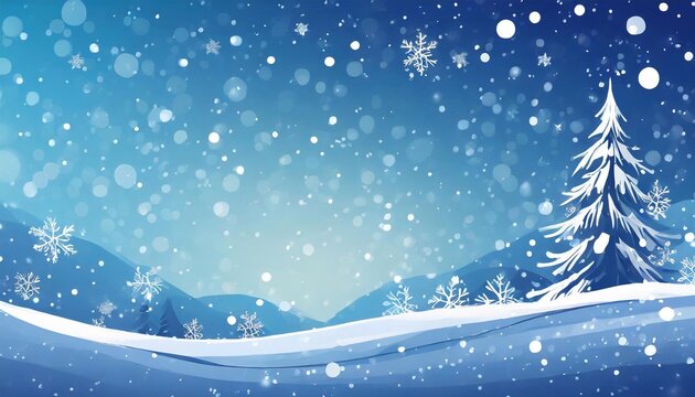 Illustration, blue background of snow and Christmas tree, copy space.