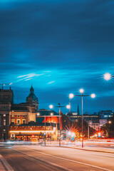 Stockholm, Sweden. Scenic View Of City Center In Sunset Twilight Dusk Lights. Evening Lighting. Skeppsbron Street. - 764604206