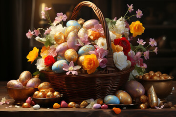 Obraz na płótnie Canvas Colorful Easter basket filled with eggs flowers. Easter concept.