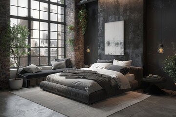 A modern industrial bedroom with a palette of cool neutrals like charcoal gray