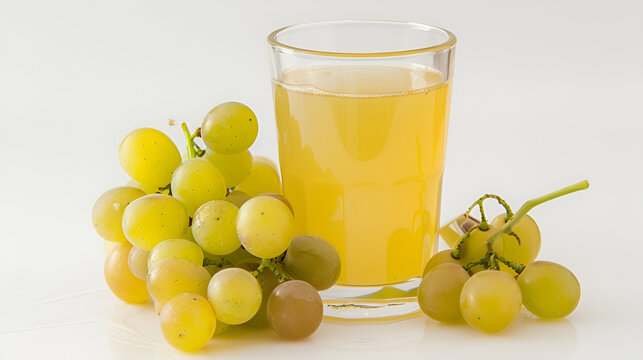 Tasty gooseberry juice and fresh berries on wooden table, Glass with freshly made  grape juice on a white background
