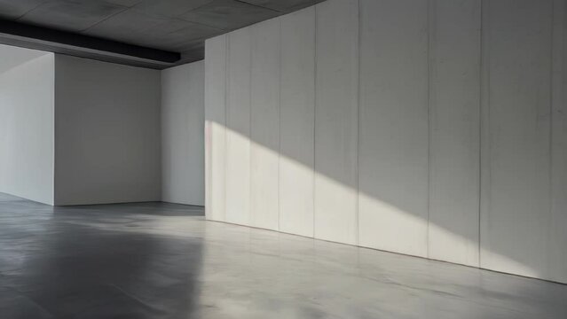 A simple gray wall, characteristic of minimalist interior style, makes up one surface with faint shadows. The texture of the wall and its contrast with the floor exude a sophisticated atmosphere.
