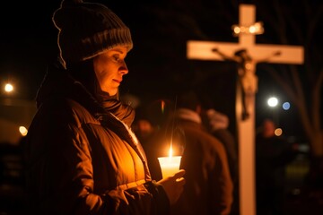 Obraz premium woman holding a candle praying in front of cross during vigil