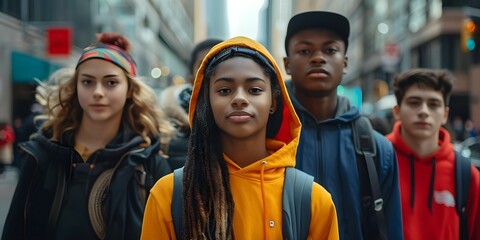 Diverse group of teenagers from around the world on city street. Concept Diversity, Teenagers, Street Photography, Global Community, Urban Lifestyle