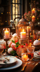 Fototapeta na wymiar Candlelit Easter Dinner: A dining table set for an intimate Easter dinner with softly lit candles.