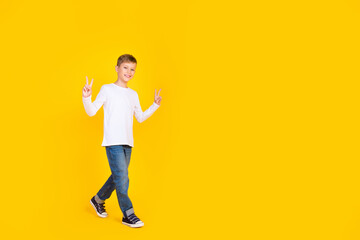 Fototapeta na wymiar Full length photo of cheerful positive boy wear white shirt walking showing v-signs empty space isolated yellow color background