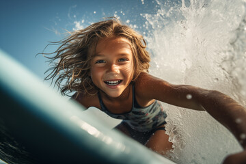 Close wide angle shot of little girl learning surfing with sea water splashing - 764604643