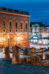 Stockholm, Sweden. Slottsbacken In Old Town Gamla Stan. Famous Popular Destination Scenic Place In Night Lights. - 764604651