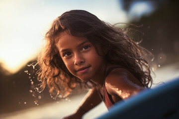 Close wide angle shot of little girl learning surfing with sea water splashing - 764604681