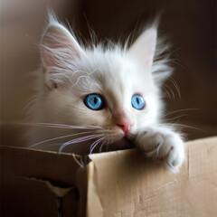Beautiful blue-eyed white cat playing in a brown box,