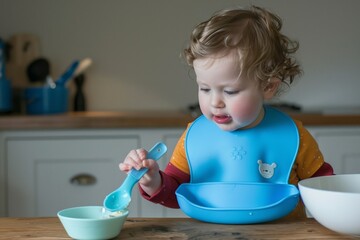toddler in blue silicone bib, spoon in hand, bowl nearby