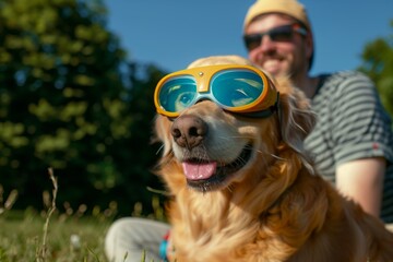 dog with protective solar viewing glasses beside owner - obrazy, fototapety, plakaty