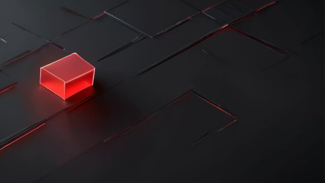 A cube positioned on black tiles is highlighted by glowing red lines, illustrating a fusion of minimalism and modern design, evoking notions of advanced technology and innovation.