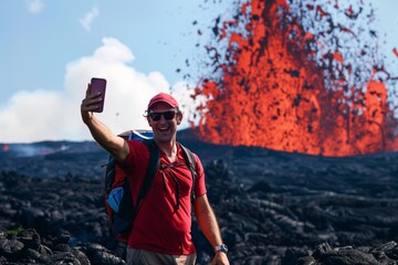 tourist taking selfie with erupting volcano in background