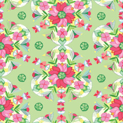 Vector, seamless pattern of floral colorful mandalas on green background. Folk style. For summer women dresses, dining, home decor, wrapping paper.