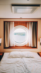 Ship Cabin With Bed And Window With View On Sea. Luxury Cabin On Ferry Boat Or Cruise Liner - 764605630