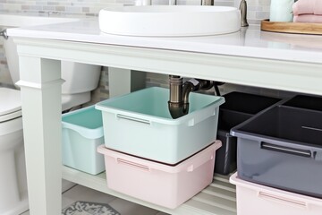 storage bins in pastel shades organized under a bathroom sink