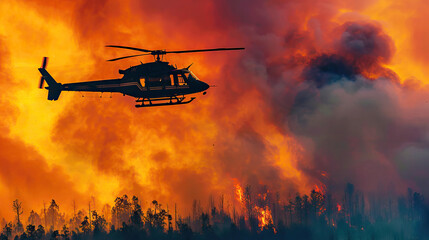 Fototapeta na wymiar firefighter helicopter flies over a burning forest during a forest fire