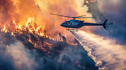 A fire helicopter extinguishes a forest fire by dropping water on burning trees