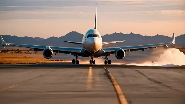 Airplane landing in a beautiful evening sunset horizon scenery