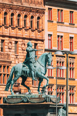 Stockholm, Sweden. Statue Of Former Swedish King Karl XIV Johan Sitting On A Horse Royal Palace. Famous Popular Destination Scenic Place. Close Up. - 764606035
