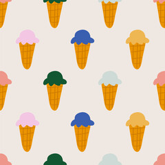 Ice cream. Seamless pattern. Flat vector graphic design. Hand drawn illustration.