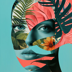 cut-out Collage, woman eyes and botanical elements, abstract shape, modern bright color