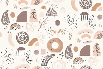 Playful, bohemian baby seamless pattern boasts adorable shapes in a beige palette, perfect for textiles, stationery, and nursery decor, exuding a cozy and modern charm.