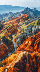 Road winding through intricately moss-covered cliffs in various hues, aerial photo capturing bird's...