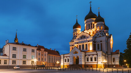 Tallinn, Estonia. Building Of Alexander Nevsky Cathedral In Night Time. Famous Orthodox Cathedral.
