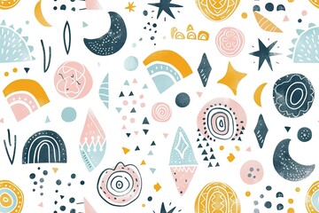 Charming bohemian pattern featuring cute, playful shapes perfect for nursery decor, children's apparel, and creative backgrounds, blending whimsy with modern style.