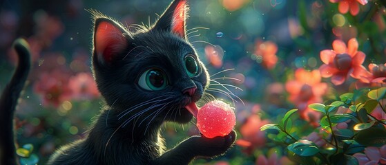 A vibrant, animatedstyle scene of a black cat with bright green eyes, excitedly licking a shimmering, magical piece of candy that seems to glow with an inner light, set against a mystical, enchanted f - obrazy, fototapety, plakaty
