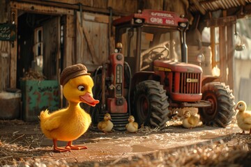 A charming cartoon scene of a cheerful yellow duck wearing a farmers hat, standing on its webbed feet to reach the gas pump, filling up an old, rustic tractor amidst a backdrop of a bustling farmyard  - obrazy, fototapety, plakaty