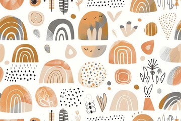 Kids boho seamless pattern. Pastel colors, gender neutral. Applicable for fabric print, textile, wrapping paper, wallpaper. Cute baby texture, repeatable, bohemian style. Nordic design.