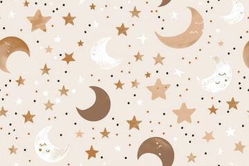 Enchanting seamless pattern with moons, stars, and dots in a warm, neutral palette is perfect for children's textiles, wallpapers, and gift wrap, bringing a whimsical touch to any product.