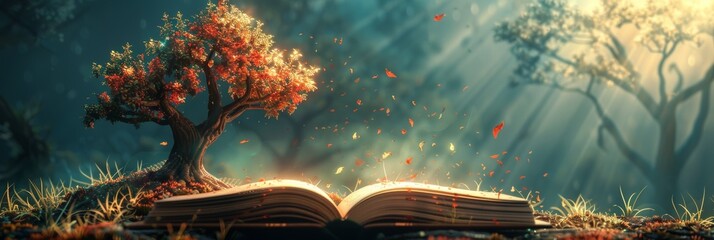 Banner with mystical autumn scene with a vibrant tree growing from an open book on the left, leaves swirling in a magical atmosphere