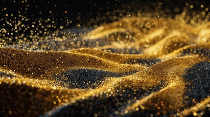 Wave concept of golden sand and gold particles on black background.