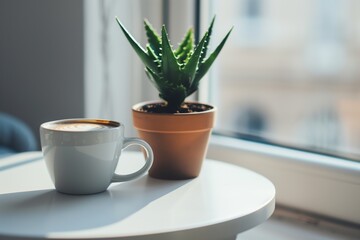 morning coffee beside a potted plant on a white table