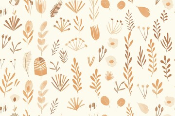 Bohemian-inspired pattern with minimalist floral design is ideal for chic fabric, wallpaper, or stationery, radiating a modern yet whimsical charm. Seamless texture.