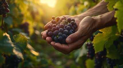 Under a canopy of vine leaves, hands tenderly cup a harvest of black grapes, with the soft glow of dawn creating a serene mood - obrazy, fototapety, plakaty