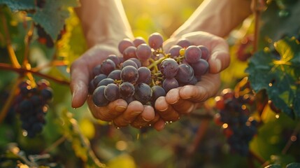 Harvest hands with grapes, low angle, sun flare, deep shadows, rustic charm