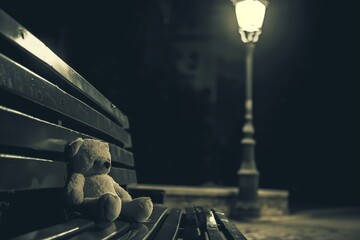 lonely soft toy on a bench underneath a streetlight - obrazy, fototapety, plakaty